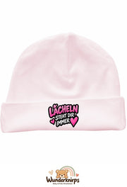 Umschlagmütze Rox-01 in Pastellrosa mit Motiv Lächeln steht dir immer