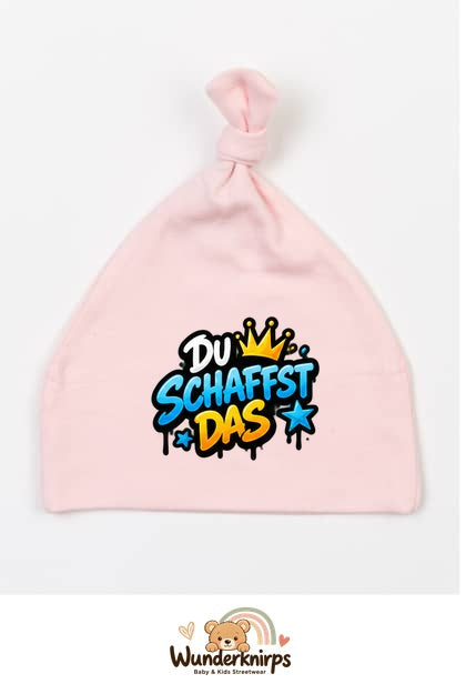 Knotenmütze Babybugz BZ15 in Pastellrosa mit Motiv Du schaffst das