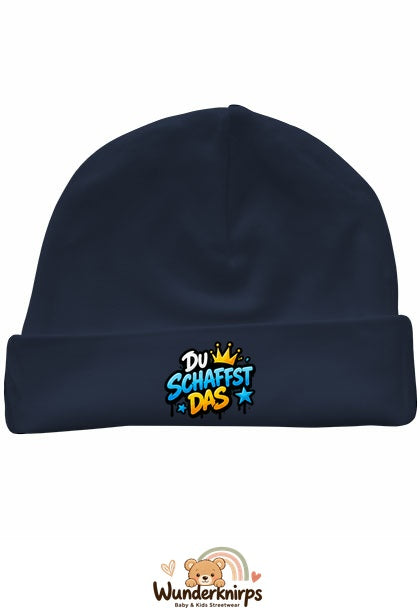 Umschlagmütze Rox-01 in Marineblau mit Motiv Du schaffst das