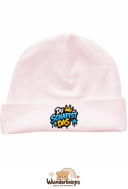Umschlagmütze Rox-01 in Pastellrosa mit Motiv Du schaffst das