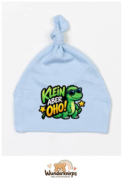 Knotenmütze Babybugz BZ15 in Staubblau mit Motiv Dino Klein, aber oho