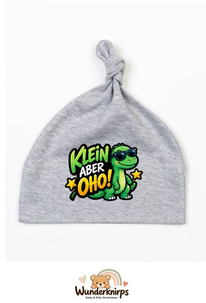 Knotenmütze Babybugz BZ15 in Grau meliert mit Motiv Dino Klein, aber oho
