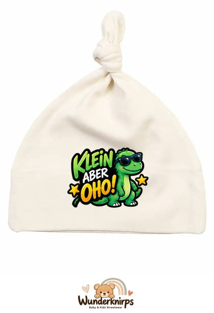 Knotenmütze Babybugz BZ15 in Natur mit Motiv Dino Klein, aber oho