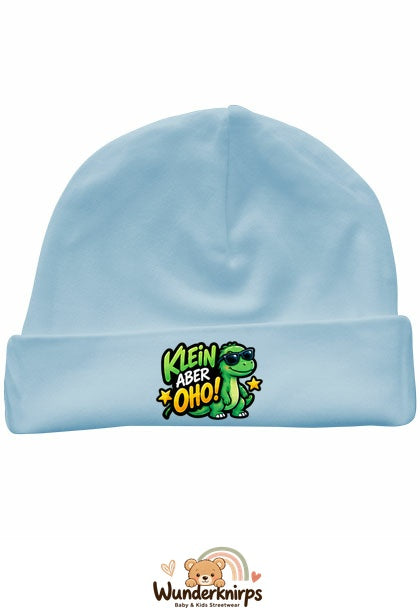 Umschlagmütze Rox-01 in Pastellblau mit Motiv Dino Klein, aber oho