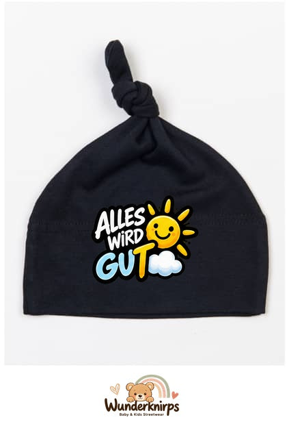 Knotenmütze Babybugz BZ15 in Schwarz mit Motiv Alles wird gut