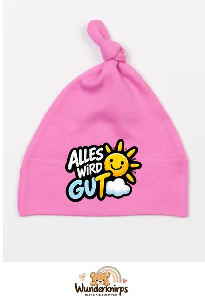 Knotenmütze Babybugz BZ15 in Bubblegum-Pink mit Motiv Alles wird gut