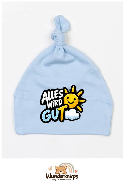 Knotenmütze Babybugz BZ15 in Staubblau mit Motiv Alles wird gut