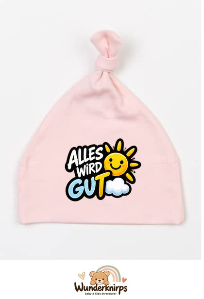 Knotenmütze Babybugz BZ15 in Pastellrosa mit Motiv Alles wird gut