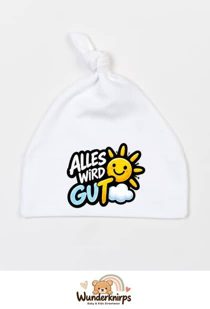 Knotenmütze Babybugz BZ15 in Weiß mit Motiv Alles wird gut