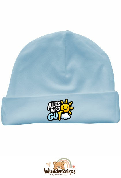 Umschlagmütze Rox-01 in Pastellblau mit Motiv Alles wird gut