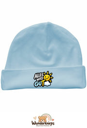 Umschlagmütze Rox-01 in Pastellblau mit Motiv Alles wird gut