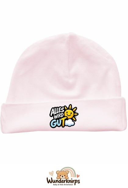Umschlagmütze Rox-01 in Pastellrosa mit Motiv Alles wird gut