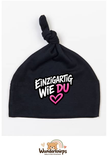 Knotenmütze Babybugz BZ15 in Schwarz mit Motiv Einzigartig wie du