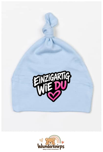 Knotenmütze Babybugz BZ15 in Staubblau mit Motiv Einzigartig wie du