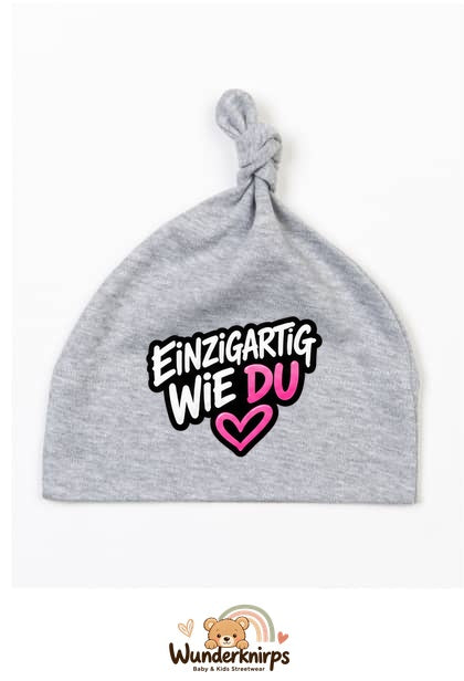 Knotenmütze Babybugz BZ15 in Grau meliert mit Motiv Einzigartig wie du