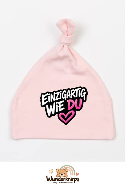 Knotenmütze Babybugz BZ15 in Pastellrosa mit Motiv Einzigartig wie du