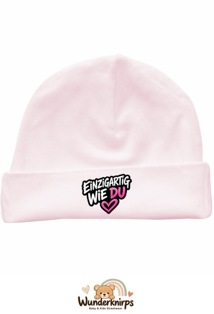 Umschlagmütze Rox-01 in Pastellrosa mit Motiv Einzigartig wie du