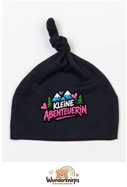 Knotenmütze Babybugz BZ15 in Schwarz mit Motiv Kleine Abenteurerin