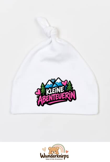 Knotenmütze Babybugz BZ15 in Weiß mit Motiv Kleine Abenteurerin