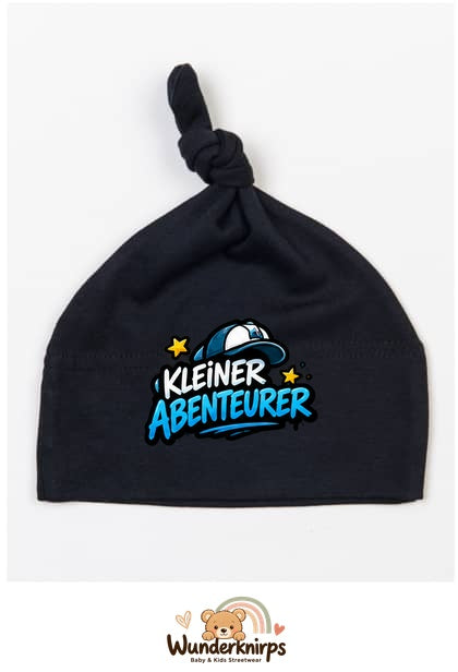 Knotenmütze Babybugz BZ15 in Schwarz mit Motiv Kleiner Abenteurer