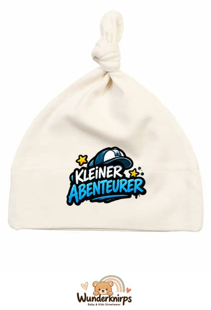 Knotenmütze Babybugz BZ15 in Natur mit Motiv Kleiner Abenteurer