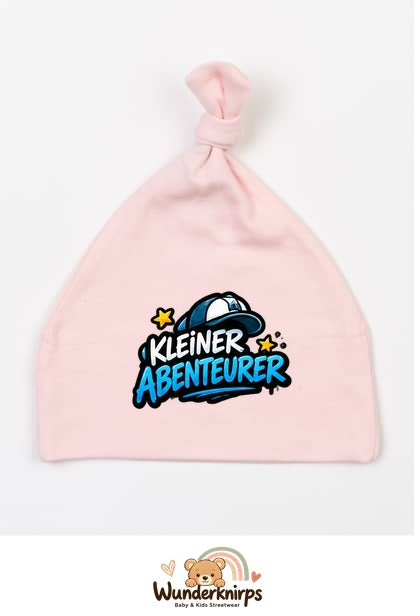 Knotenmütze Babybugz BZ15 in Pastellrosa mit Motiv Kleiner Abenteurer