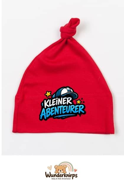 Knotenmütze Babybugz BZ15 in Rot mit Motiv Kleiner Abenteurer