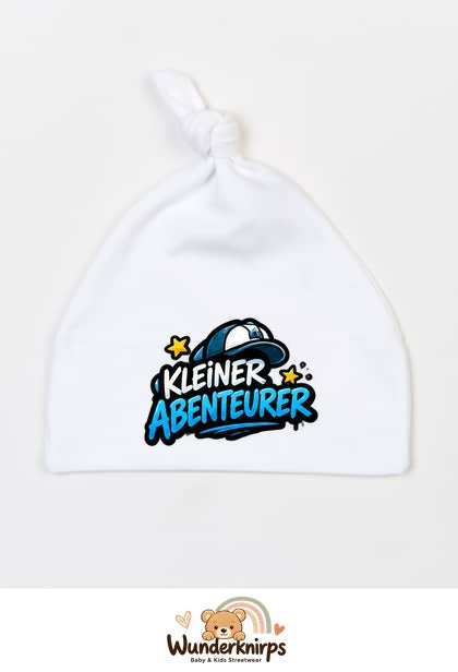Knotenmütze Babybugz BZ15 in Weiß mit Motiv Kleiner Abenteurer