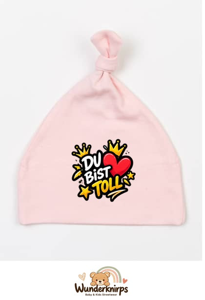 Knotenmütze Babybugz BZ15 in Pastellrosa mit Motiv Du bist toll