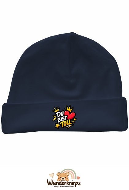 Umschlagmütze Rox-01 in Marineblau mit Motiv Du bist toll