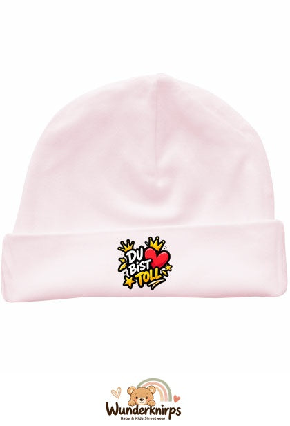 Umschlagmütze Rox-01 in Pastellrosa mit Motiv Du bist toll