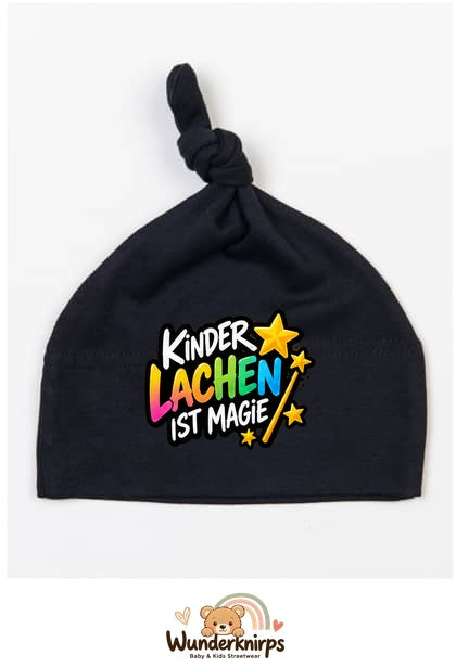 Knotenmütze Babybugz BZ15 in Schwarz mit Motiv Kinderlachen ist Magie