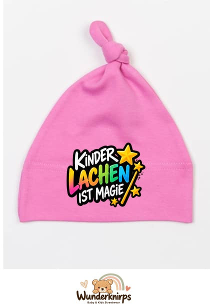 Knotenmütze Babybugz BZ15 in Bubblegum-Pink mit Motiv Kinderlachen ist Magie