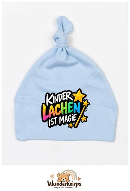 Knotenmütze Babybugz BZ15 in Staubblau mit Motiv Kinderlachen ist Magie