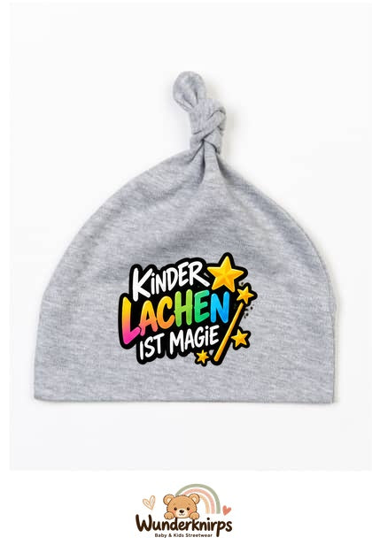 Knotenmütze Babybugz BZ15 in Grau meliert mit Motiv Kinderlachen ist Magie