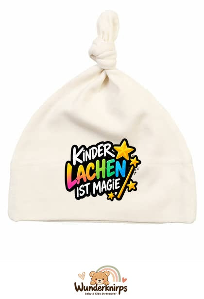 Knotenmütze Babybugz BZ15 in Natur mit Motiv Kinderlachen ist Magie