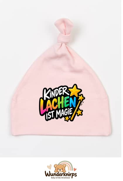 Knotenmütze Babybugz BZ15 in Pastellrosa mit Motiv Kinderlachen ist Magie