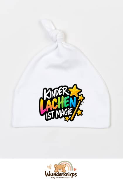 Knotenmütze Babybugz BZ15 in Weiß mit Motiv Kinderlachen ist Magie
