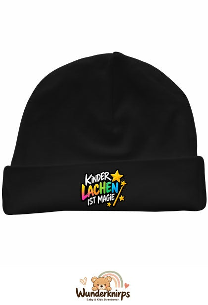 Umschlagmütze Rox-01 in Schwarz mit Motiv Kinderlachen ist Magie