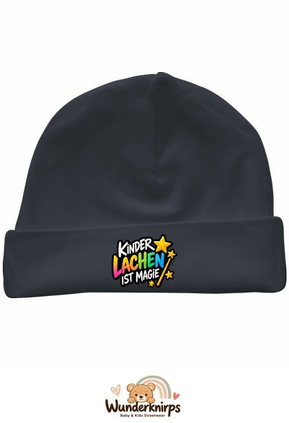 Umschlagmütze Rox-01 in Anthrazit mit Motiv Kinderlachen ist Magie