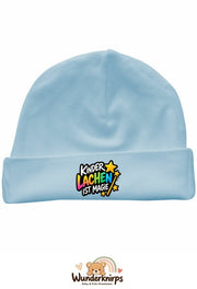 Umschlagmütze Rox-01 in Pastellblau mit Motiv Kinderlachen ist Magie