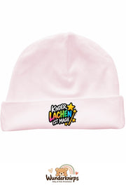 Umschlagmütze Rox-01 in Pastellrosa mit Motiv Kinderlachen ist Magie
