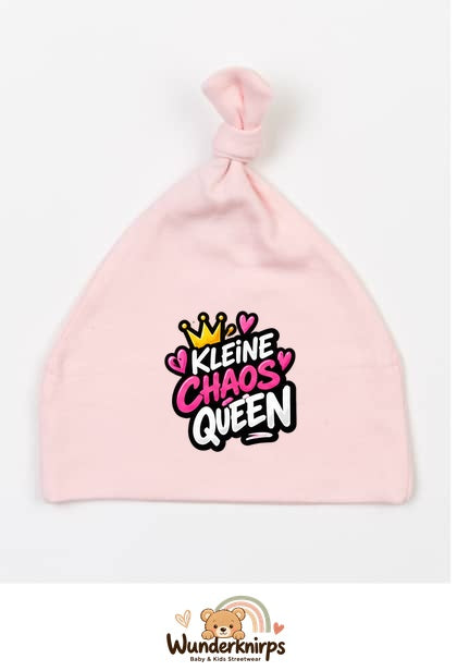 Knotenmütze Babybugz BZ15 in Pastellrosa mit Motiv Kleine Chaos Queen