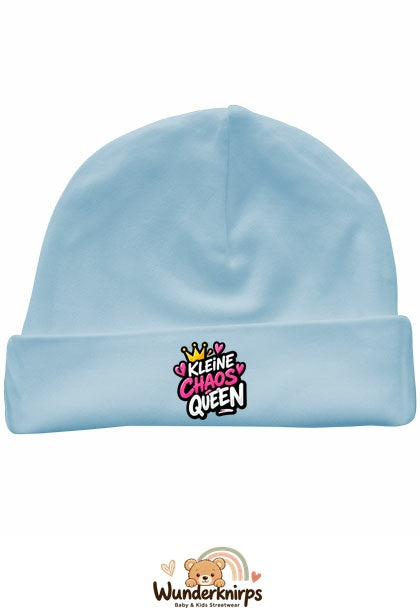 Umschlagmütze Rox-01 in Pastellblau mit Motiv Kleine Chaos Queen