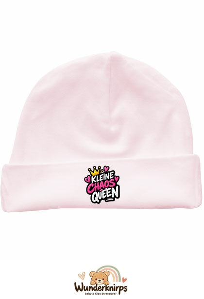 Umschlagmütze Rox-01 in Pastellrosa mit Motiv Kleine Chaos Queen