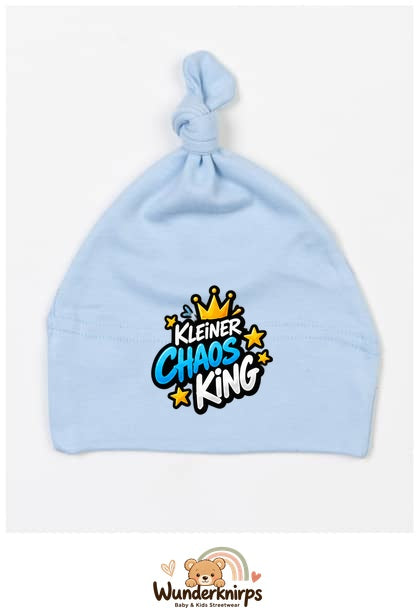 Knotenmütze Babybugz BZ15 in Staubblau mit Motiv Kleiner Chaos King