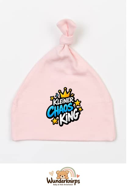 Knotenmütze Babybugz BZ15 in Pastellrosa mit Motiv Kleiner Chaos King