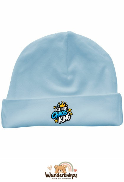 Umschlagmütze Rox-01 in Pastellblau mit Motiv Kleiner Chaos King