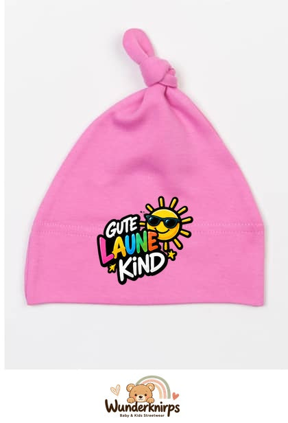 Knotenmütze Babybugz BZ15 in Bubblegum-Pink mit Motiv Gute-Laune-Kind