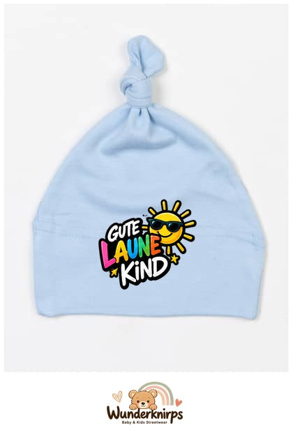 Knotenmütze Babybugz BZ15 in Staubblau mit Motiv Gute-Laune-Kind